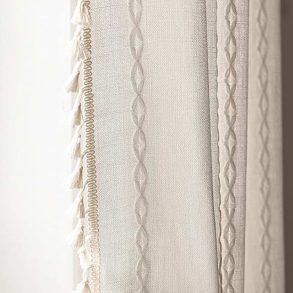 Deeprove White Boho Curtains 84 Inches Long for Bedroom Living Room, Cream Chic Linen Cotton Embroidered Semi Blackout Bohemian Farmhouse Window Treatment Drape Vintage Tassels, 1 Panel W52 x L84 - Product Image