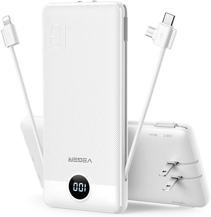 VEGER Portable Charger with Built-in AC Plug and Cables, All in One 10000mAh Ultra Slim Power Bank Travel Essentials, Fast Charging Battery Pack Compatible with iPhone, Samsung, Android, White - Product Image