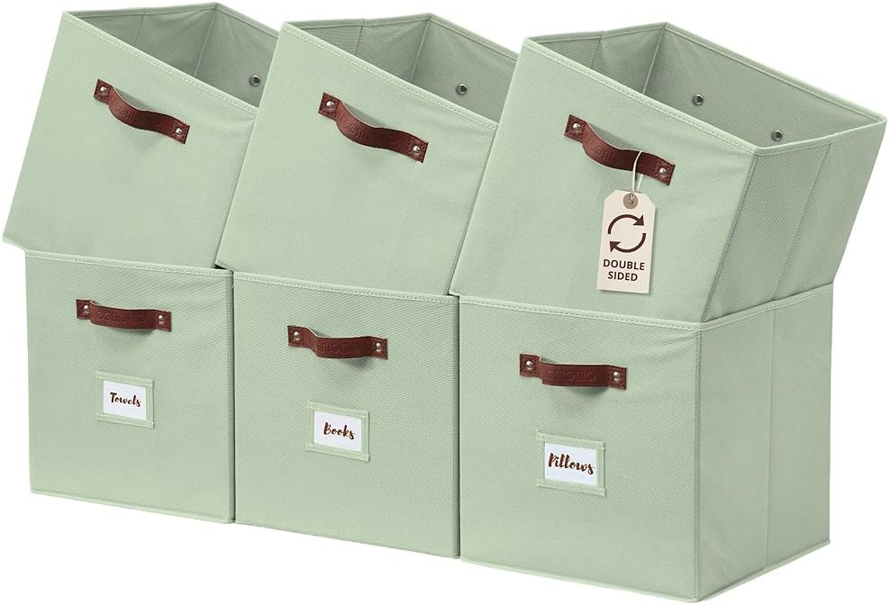DECOMOMO Storage Bins, Cube Storage Bin with Labels, Fabric Storage Cubes for Shelves (10.5" x 11" / 6pcs, Sage Green) - Product Image