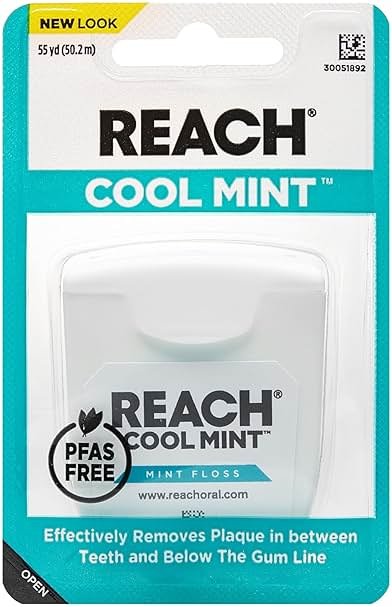 REACH Cool Mint Dental Floss, Fresh Mint, Plaque Remover for Teeth, Shred Resistant, Waxed, Easy on Gums & Teeth, Fresh Breath, Oral Care, PFAS Free, for Adults & Kids, 1 Pack, 55yd - Product Image