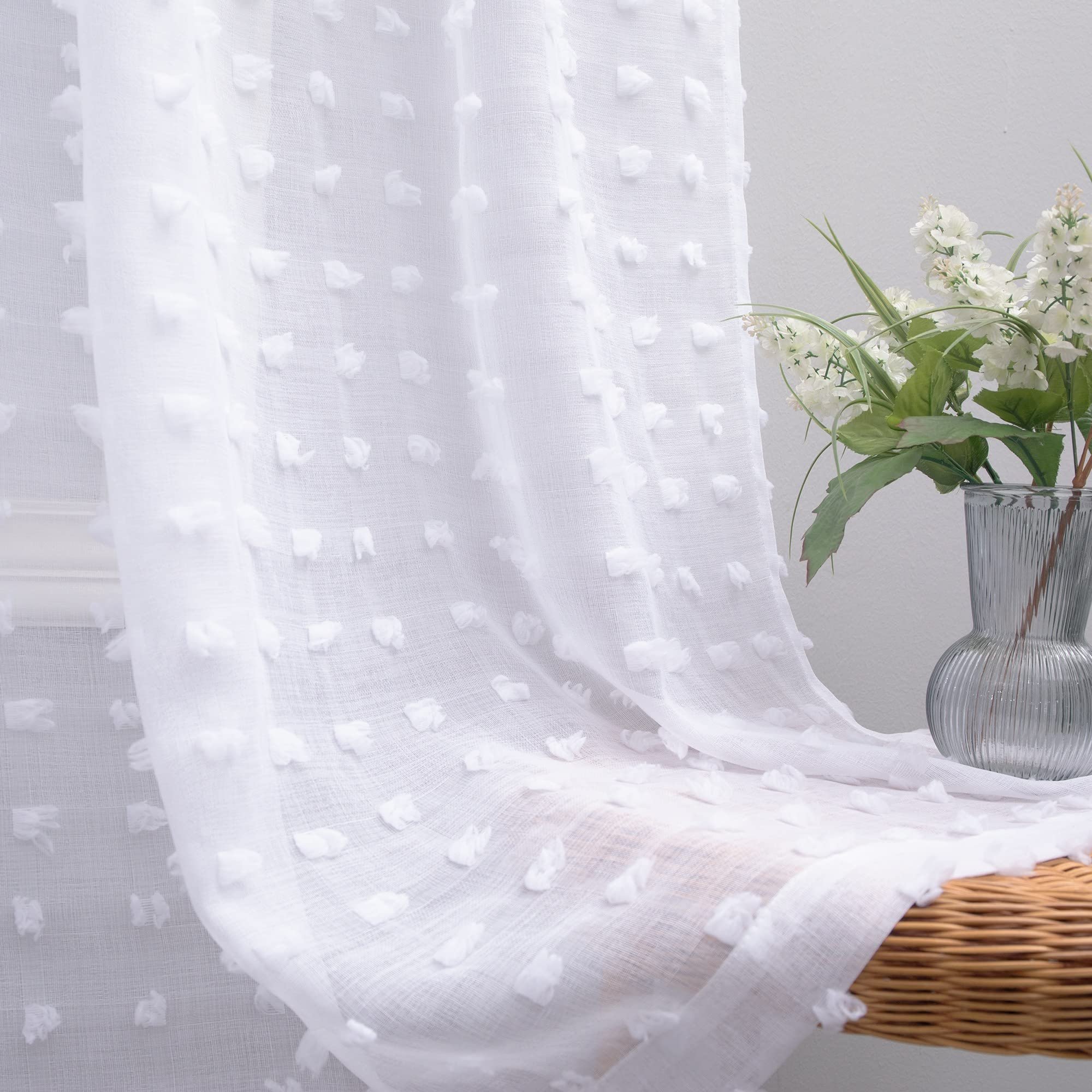KOUFALL White Sheer Curtains 84 Inches Long for Bedroom 2 Panels Set,Pom Pom Textured Boho Shabby Chic Semi Privacy Ruffle Curtains for Living Room - Product Image