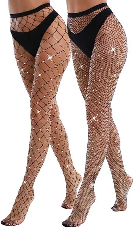 VEBZIN 2 Pack Sparkly Large And Medium Mesh Fishnet Tights For Women Glitter Rhinestone Fishnets Stockings - Product Image