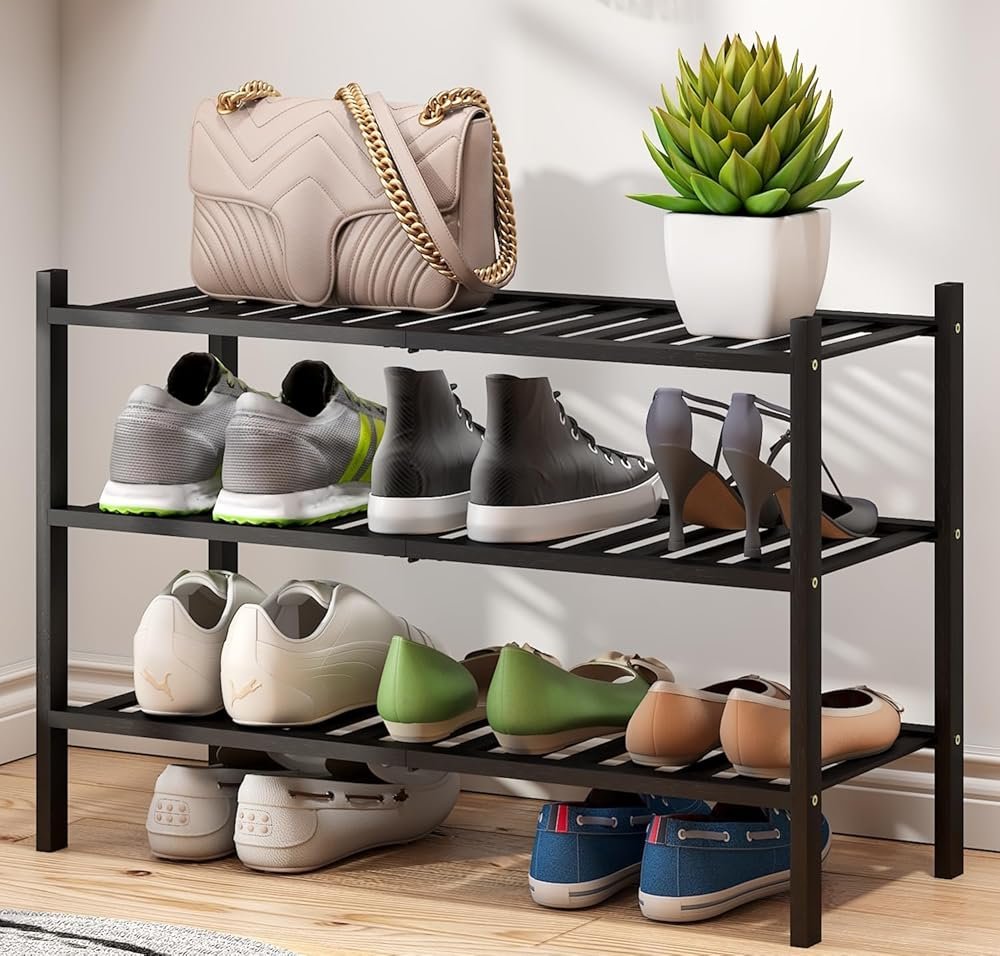 viewcare 3-Tier Black Bamboo Shoe Rack for Entryway, Stackable | Foldable | Natural, Shoe Shelf Storage Organizer for Hallway Closet, Free Standing Shoe Racks for Indoor Outdoor - Product Image