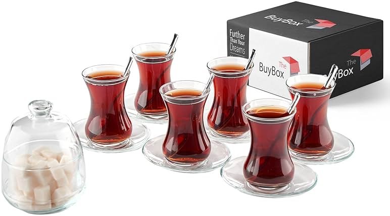 19 Pieces Turkish Tea Glasses Set Includes; 6 Glasses, Tea Cups (4.5 oz), 6 Saucers, 6 Stainless Steel Spoons and Sugar Bowl with Glass Cover (8.6 oz) - Product Image