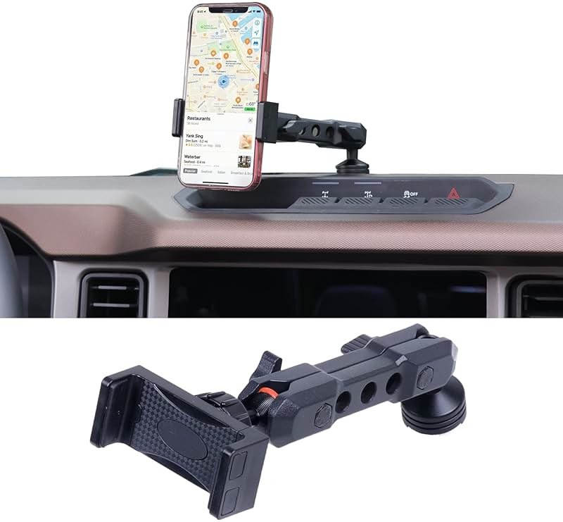 RERPRO Dash Phone Mount Holder for 2021 2022 2023 2024 2025 2026 New Ford Bronco 2/4 Door Interior Accessories Dashboard Cell Phone Stand 360° Adjustable Aluminum Smartphone Bracket Black - Product Image