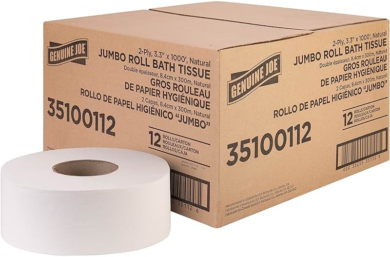 Genuine Joe Jumbo Roll Bath Tissue, 3.3" x 1000', 2-Ply, Natural, 12 Count - Product Image