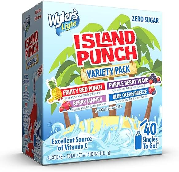 Wyler's Light Island Punch Singles to Go, Variety Pack, Fruity Red Punch, Purple Berry Wave, Berry Jammer and Blue Ocean Breeze, 1 Box (40 Single Servings) - Product Image