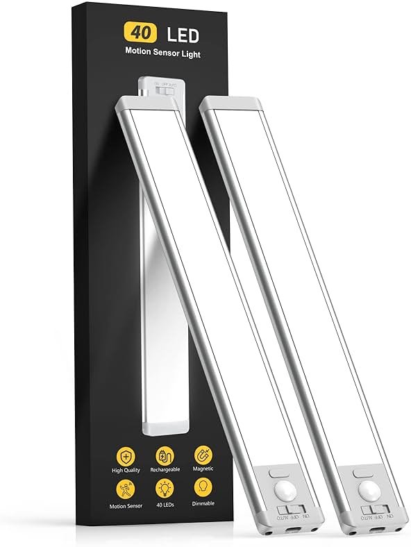 MCGOR 10inch Under Cabinet Lighting, 2 Pack Rechargeable Motion Sensor Light Indoor, 5 Levels Dimmable Magnetic Closet Lights, Wireless Under Counter Lights for Kitchen, Stairs - Product Image