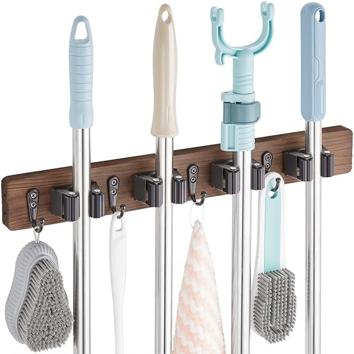 OUTNILI Mop and Broom Holder Wall Mount - Wood Broom Mop Hanger - Wall Mounted Garden Tool Rack Organizer for Closet Garage Laundry Room, Rustic Kitchen Decor With 4 Slots & 4 Hooks - Product Image