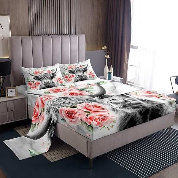 Highland Cow Flower Bed Sheets King, Bull Cattle Sheet Set, Western Funny Animal Bedding Set, Wildlife Farmhouse Cow Fitted Sheet Rose Grey Marble, 1 Flat Sheet, 1 Fitted Sheet, 2 Pillowcases - Product Image