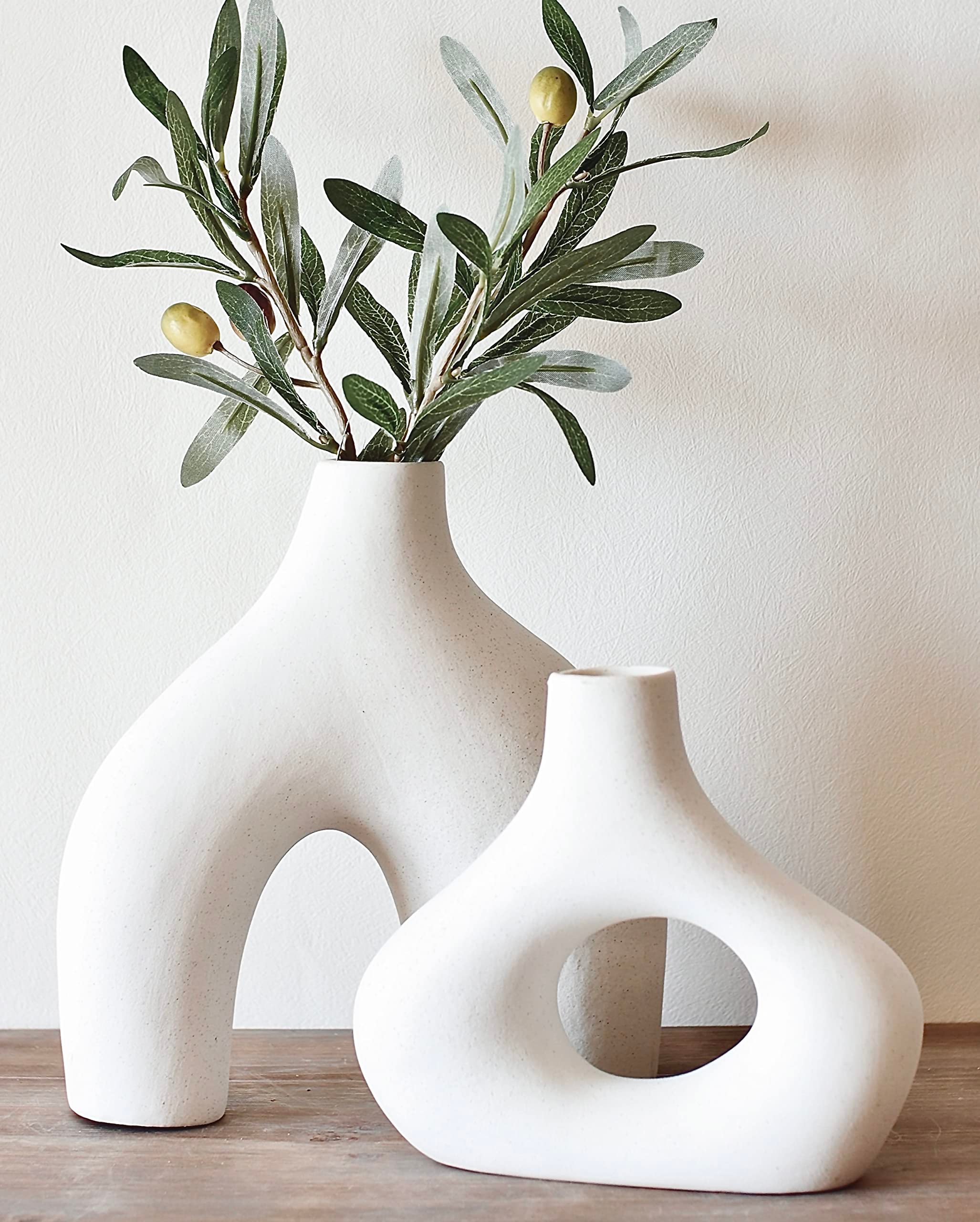 Carrot's Den Donut Vase, Set of 2 - White Large Ceramic Vase - Minimalist Nordic, Hollow | Table Centerpiece, Olive Plant, Wedding, Living Room, Bookshelf, Office, Modern Home, Entryway, Console - Product Image