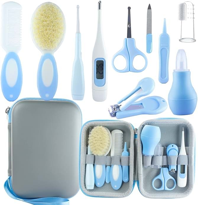 VZAYQUPXY Baby Grooming Kit, Baby Essentials for Newborns, Portable Baby Care Kit, Contains Baby Nail Clippers, Baby Comb, Baby Brush, Baby Ear Wax Removal Tool and More (10 in 1) (Blue) - Product Image