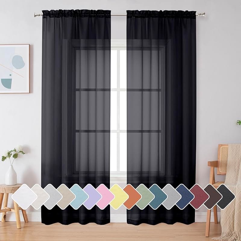 Simplebrand Black Sheer Curtains 84 Inches Long, Light Filtering Rod Pocket Solid Color Window Sheer Curtain Panels, Elegant Curtains & Drapes for Living Room, Bedroom 2 Panels (Black, 42" W x 84" L) - Product Image