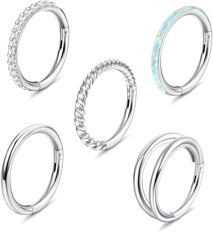 Jstyle 5Pcs 18G 16G Surgical Steel Nose Rings Hoop for Women Opal CZ Clicker Hinged Septum Nose Ring Lip Helix Cartilage Hoop Earring Daith Rook Conch Piercing Jewelry for Women 8mm 10mm - Product Image