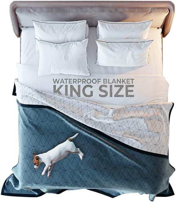 victoria.orton Waterproof King Size Blanket for Bed – 108x90 Inch – Pet Hair Resistant Blanket for Small to Large Dogs – Washable, Leakproof, Reversible Bedspread for Bed Protection – Blue/White - Product Image