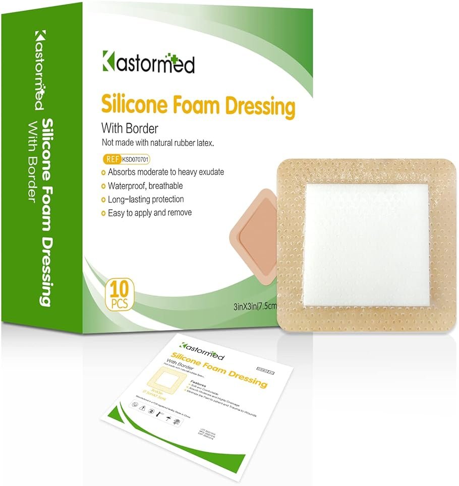Silicone Adhesive Foam Dressing with Gentle Border 3''x3'' 10 Pack, High Absorbency Foam Wound Bandage for Bed Sore Leg Ulcer Foot Diabetic Ulcer by Kastormed - Product Image