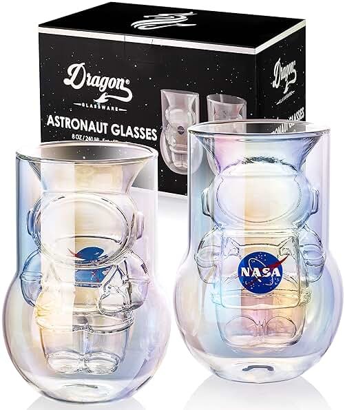 NASA Astronaut Glasses - 7 oz Set of 2 Double Wall Iridescent Drinkware with NASA symbol and Artemis Patch - Unique Glassware for Space Enthusiasts - Keeps Drinks Cold Longer - Product Image