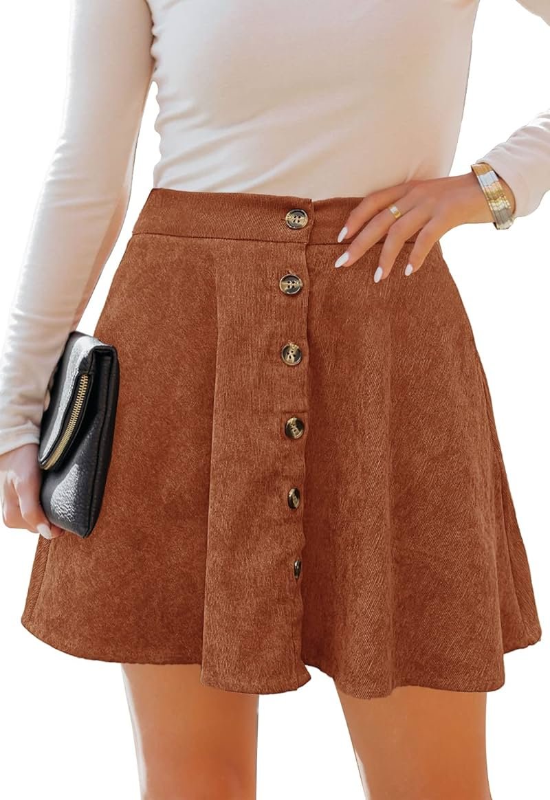 HERBATOMIA Women’s Button Front Mini Skirt A-line Pleated Corduroy Skater Skirts for Women with Pocket - Product Image