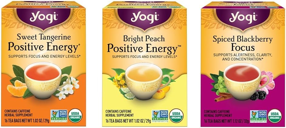 Yogi Tea - Morning Energy Variety Pack (3 Pack) Includes Peach Bergamot Bright Day, Sweet Tangerine Positive Energy, Spiced Blackberry Focus - 48 Organic Tea Bags - Product Image