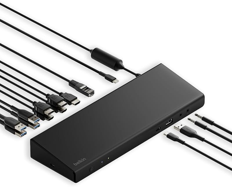 Belkin 15-in-1 Universal Triple Display DisplayLink Docking Station Hub w/ 3 HDMI Ports, 2 DisplayPorts for Triple 4K Display w/ 85W PD, 3.5mm Mic/Speaker, 1 USB-C, & 5 USB-A Ports, Black - Product Image