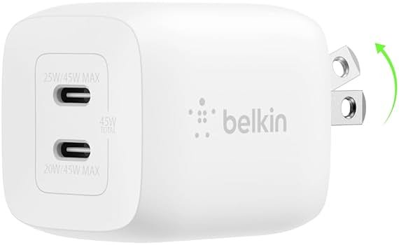Belkin 45W Dual USB C Charger Block, Super Fast Charging PD3.0 w/ GaN Technology - Samsung Galaxy S25, Apple iPhone 17, Air, Pro, Pro Max, iPad, MacBook, AirPods, Nintendo Switch 2 & More - White - Product Image