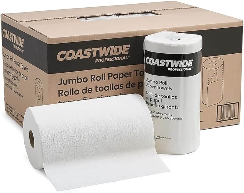 Coastwide Professional Jumbo Kitchen Paper Towels - 2-Ply, Absorbent, 250 Sheets per Roll, 12-Pack, White for Cleaning & Drying - Product Image