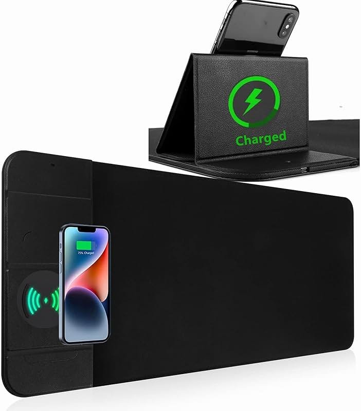 Wireless Charging Mouse Pad with Phone Holder Gaming Mousepad Desk Mat 15W Qi Fast Charging Pad Ultra-Smooth Surface Non-Slip Extended Premium Black Computer Keyboard Mat for MacBook PC Laptop - Product Image