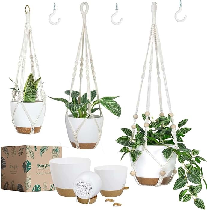 Bouqlife Hanging Planters with Macrame Plant Hangers for Indoor Outdoor Plants 3 Set Self Watering Pots Hanging Baskets Flower Pot Holders 3 Different Size - Product Image