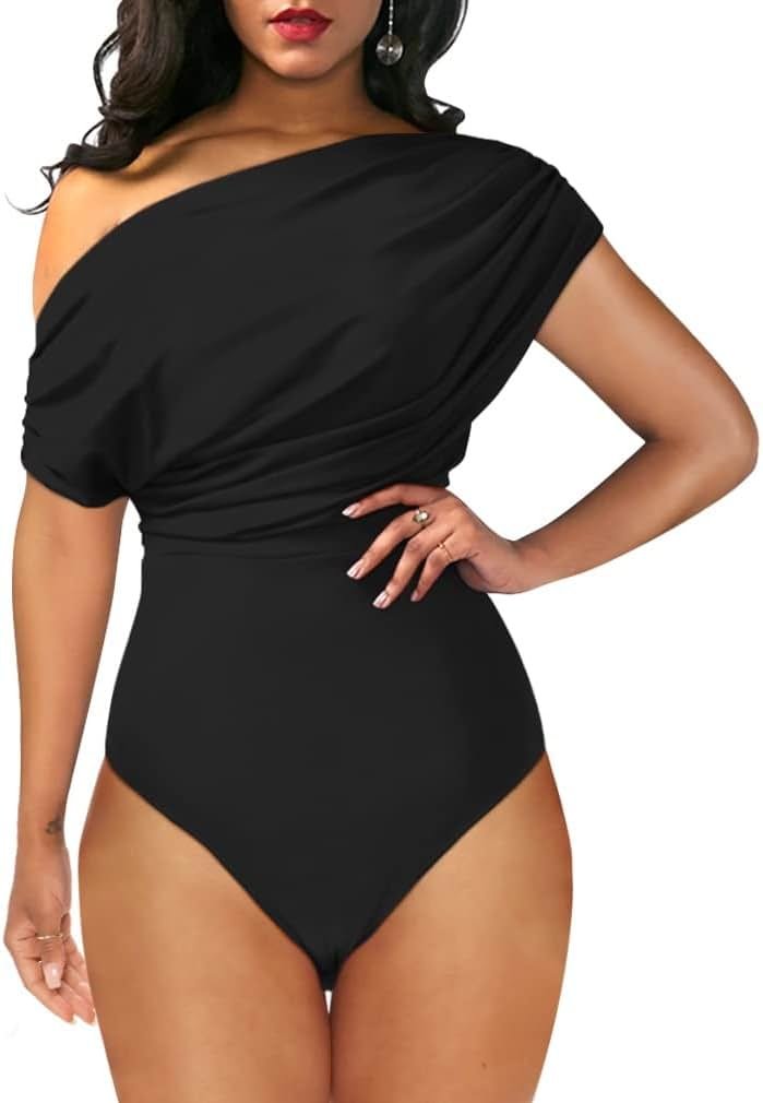 YMDUCH Women's Sexy Off Shoulder Sleeveless Bodycon One Piece Bodysuit Top - Product Image