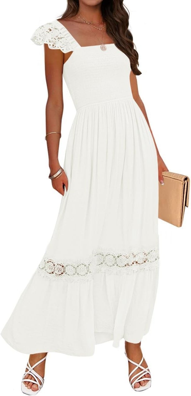 ZESICA Women's 2026 Summer Lace Strap Sleeveless Square Neck Smocked High Waist Ruffle Hollow Out Flowy A Line Maxi Dress - Product Image