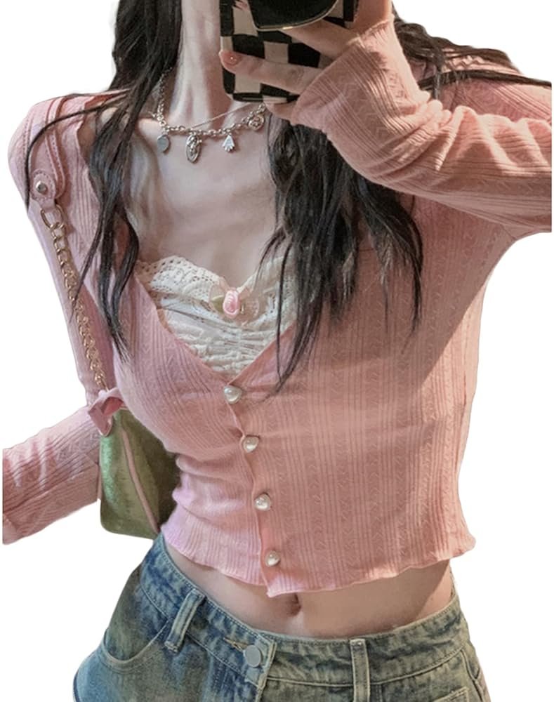 Fanvereka Women Lace Stitching V-Neck Fairy Crop Tops Y2K Long Sleeve Tight Shirt Spring Fall Downtown Girl Coquette Clothing - Product Image
