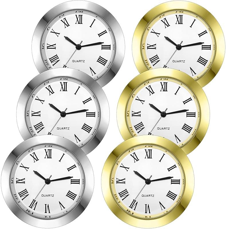 Outus 6 Pack Mini Clock Insert 1.5 Inch (37 mm) Replacement Round Quartz Movement Clock Faces for Crafts White Dial Gold Silver Tone Bezel with Roman Numerals Fit 1.4 Inch Diameter Hole - Product Image