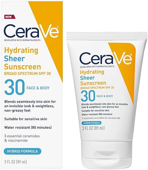 CeraVe Hydrating Sheer Sunscreen with SPF 30 for Face and Body, Mineral & Chemical Sunscreen for Men & Women with Zinc Oxide, Hyaluronic Acid and Ceramides, Paraben-Free + Fragrance-Free, 3 Ounces - Product Image