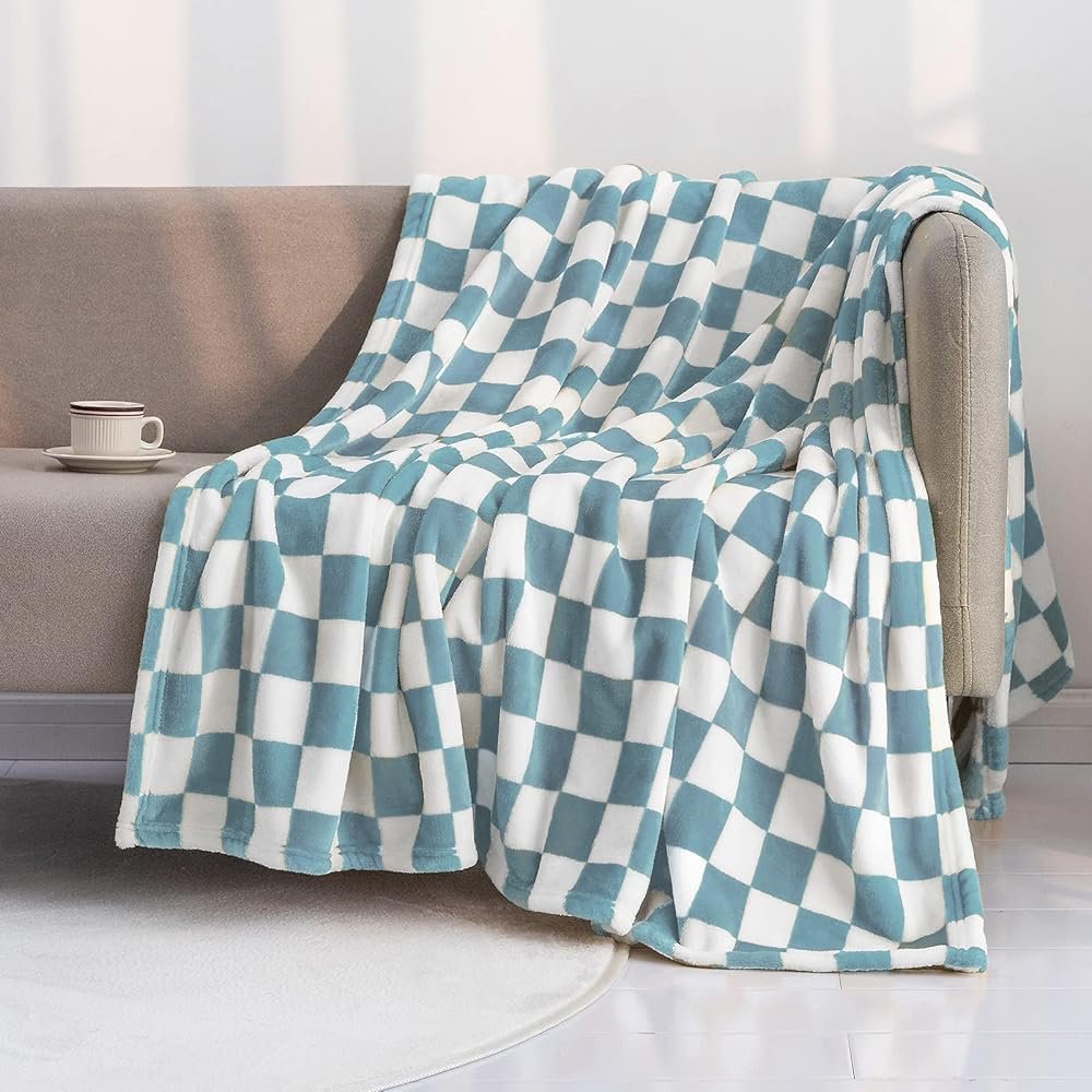 LOMAO Throw Blankets Flannel Blanket with Checkerboard Grid Pattern Soft Throw Blanket for Couch, Bed, Sofa Luxurious Warm and Cozy for All Seasons (Light Blue, 50"x60") - Product Image