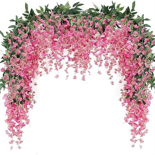 JUSTOYOU 3PCS 7FT 12 Stem Artificial Wisteria Vine Garland Fake Flower Wisteria Garlands for Outdoor Indoor Wedding Wall Bedroom Decoration(Fuchsia) - Product Image