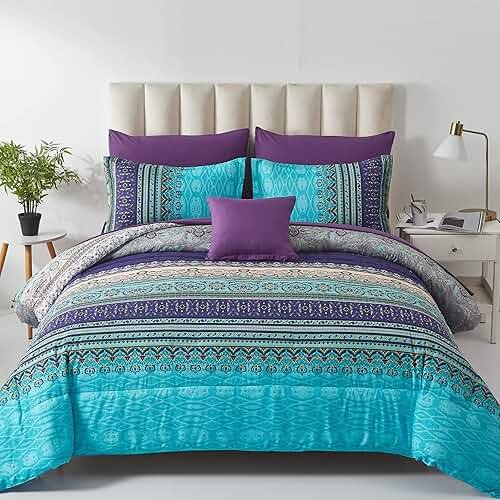 Cottolester Boho Comforter Set Queen Size 8 Piece Bed in a Bag Bohemian Striped Bedding Quilt Set Aqua Paisley Floral Comforter and Sheet Set,Soft Microfiber Complete Bedding Sets for All Season - Product Image