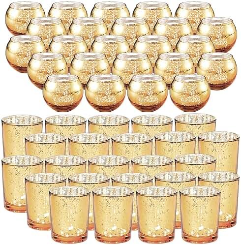48 Pcs Votive Candle Holders Mercury Glass Candle Holder Tea Lights Candles Holders for Wedding Party Bridal Shower Anniversary Valentine's Day Table Centerpieces Decorations, 2 Styles (Gold) - Product Image