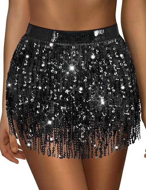Sequin Skirt Sparkly Skirt Belly Dance Skirt Glitter Skirt Rave Sparkle Skirt Sequin Tassel Skirt Fringe Hip Scarf Women - Product Image