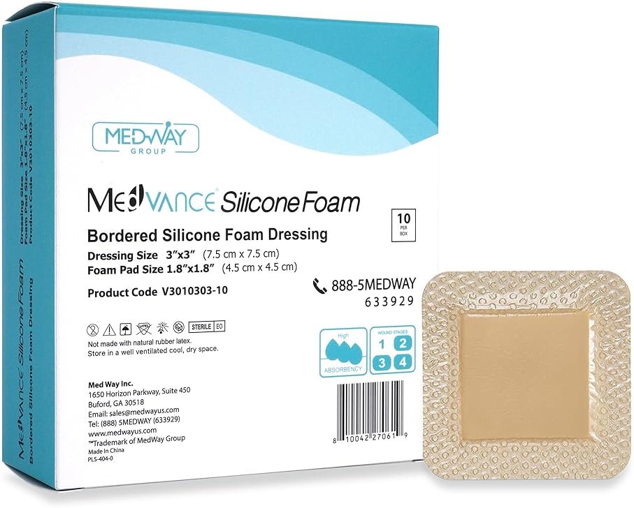 MedVance 10 Pack 3"x3" Silicone Foam Dressing Bordered Dressing, Waterproof Silicone Bandages for Wounds Care, Bed Sore Patches, Super Absorbent Wound Dressing, Self Adhesive Pressure Sore Pads - Product Image