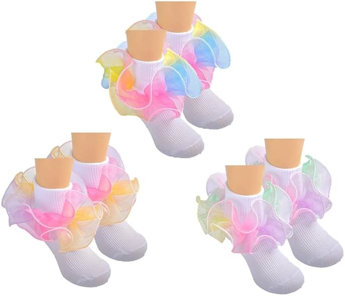 Hopply Toddler Girls Double Lace Socks Turn Cuff Shimmering Big Ruffle Rainbow Style Dress Lace Socks for Infant Kids - Product Image