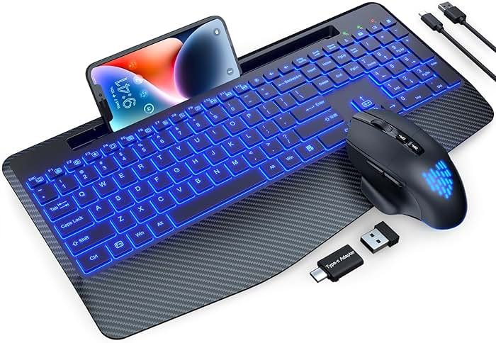 Wireless Keyboard and Mouse Backlit, Wrist Rest, LED Mouse, Rechargeable Ergonomic Keyboard with Phone Holder, Silent Light Up Combo for Computer, Mac, PC, Laptop, Chromebook - SABLUTE KM22 Ultra+ - Product Image