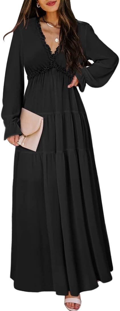 BLENCOT Womens Casual Boho Floral Printed V Neck Long Sleeve Long Maxi Dress Spring Summer Dresses - Product Image