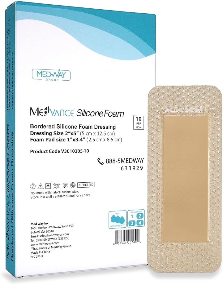 MedVance 10 Pack 2"x5" Silicone Foam Dressing Bordered Dressing, Waterproof Silicone Bandages for Wounds Care, Bed Sore Patches, Super Absorbent Wound Dressing, Self Adhesive Pressure Sore Pads - Product Image