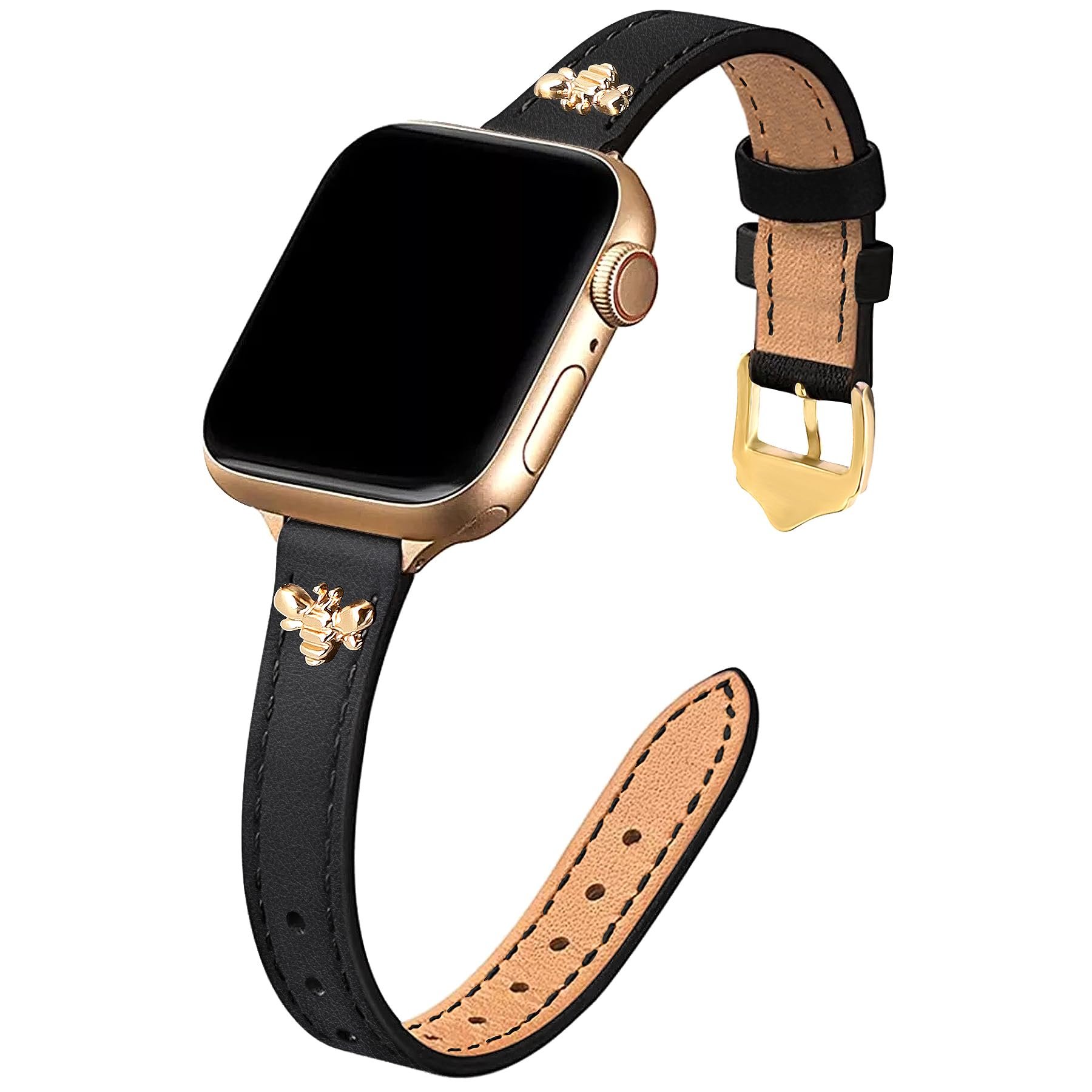 JR.DM Slim Leather Bands Compatible with Apple Watch Band 38mm 40mm 41mm 42mm 44mm 45mm 46mm 49mm, Genuine Leather Band with Charms, Feminine Design for Iwatch Ultra SE Series 11 10 9 8 7 6 5 4 3 2 1 - Product Image