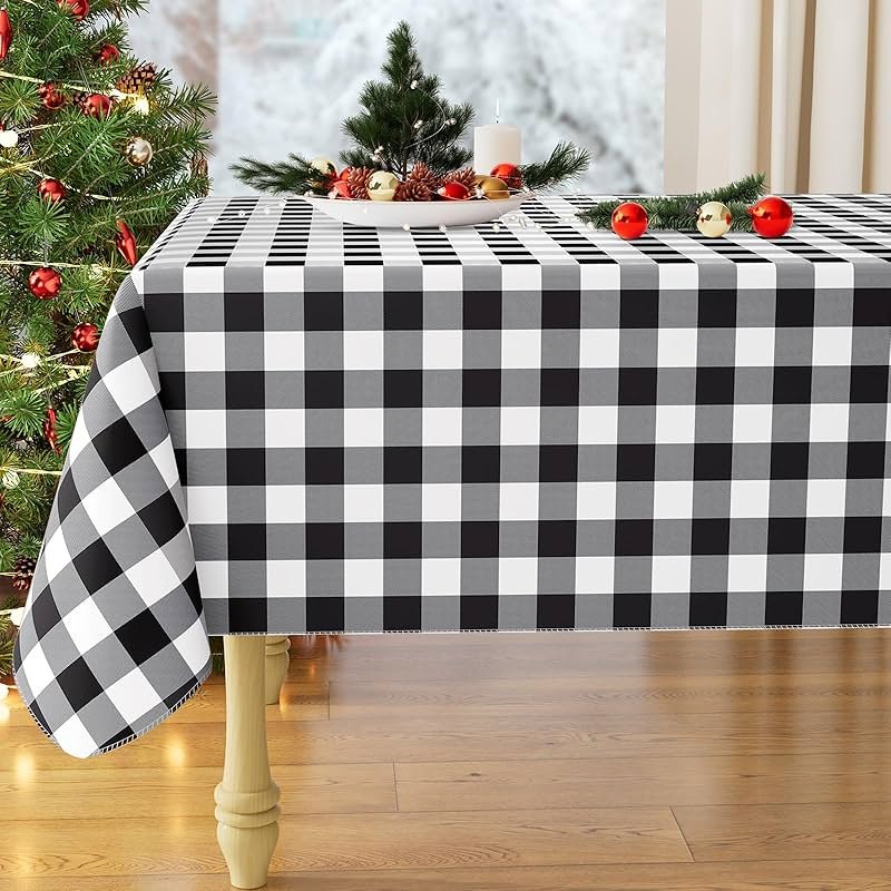 misaya Rectangle Waterproof Vinyl Table Cloth, Buffalo Flannel Backed Tablecloth, Wipeable Plastic Table Cover for Dinner, Kitchen, Outdoor (60" x 84", Black and White) - Product Image