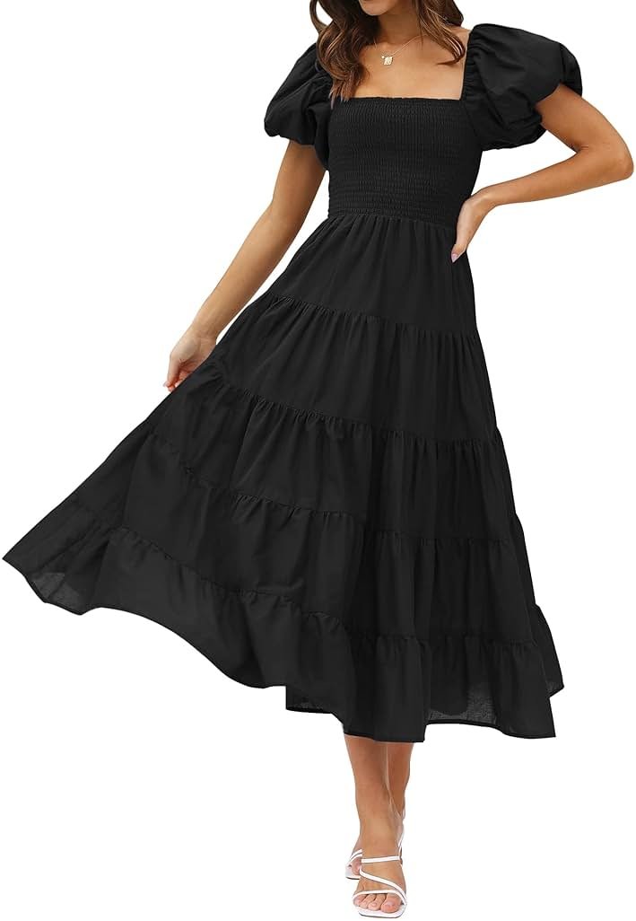 ZESICA Women's 2026 Summer Puff Sleeve Midi Dress 2026 Boho Solid High Waist Flowy Beach Wedding Guest Long Dresses - Product Image