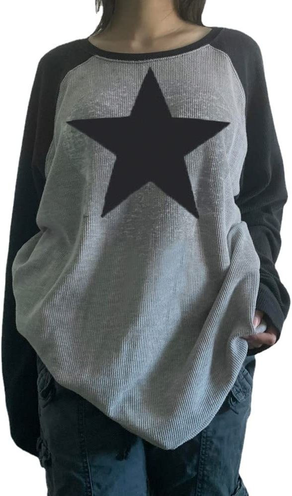 Pooyikoi Y2K Pullover T-Shirts Women Contrast Patchwork Grunge Harajuku Clothes Full Sleeve Preppy Long Sweats Tops - Product Image