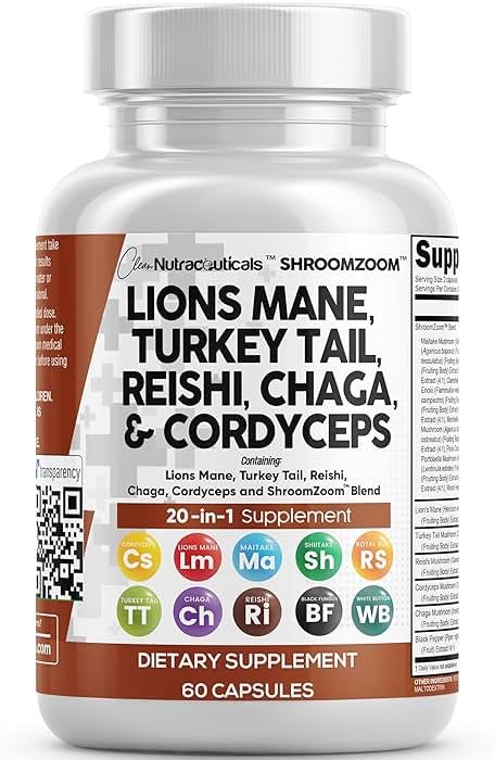 Clean Nutraceuticals Lions Mane 20in1 Mushroom Supplement with Turkey Tail Reishi Cordyceps Chaga Maitake Meshima Poria Cocos Shiitake Oyster Porcini Enoki - 1 Pack - Product Image