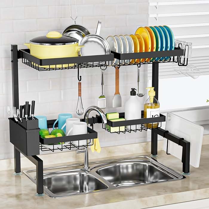 SNSLXH 4 Baskets 2-Tier Over The Sink Dish Drying Rack, 26.57"-35", Large Sink Rack for Kitchen, Extensible and Adjustable, Saving Kitchen Space - Product Image