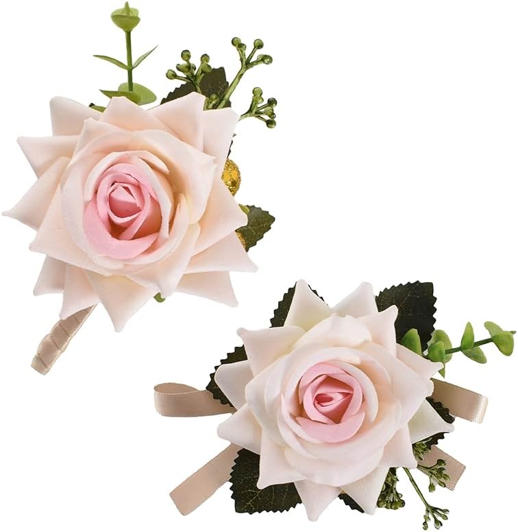VIOCIWUO Artificial Rose Boutonniere, Corsage and Boutonniere Set Pink Rose Wrist Corsage Bracelets for Bride and Groom Formal Parties and Weddings (1Pc Bride Wrist Flower and 1Pc Groom Corsage) - Product Image